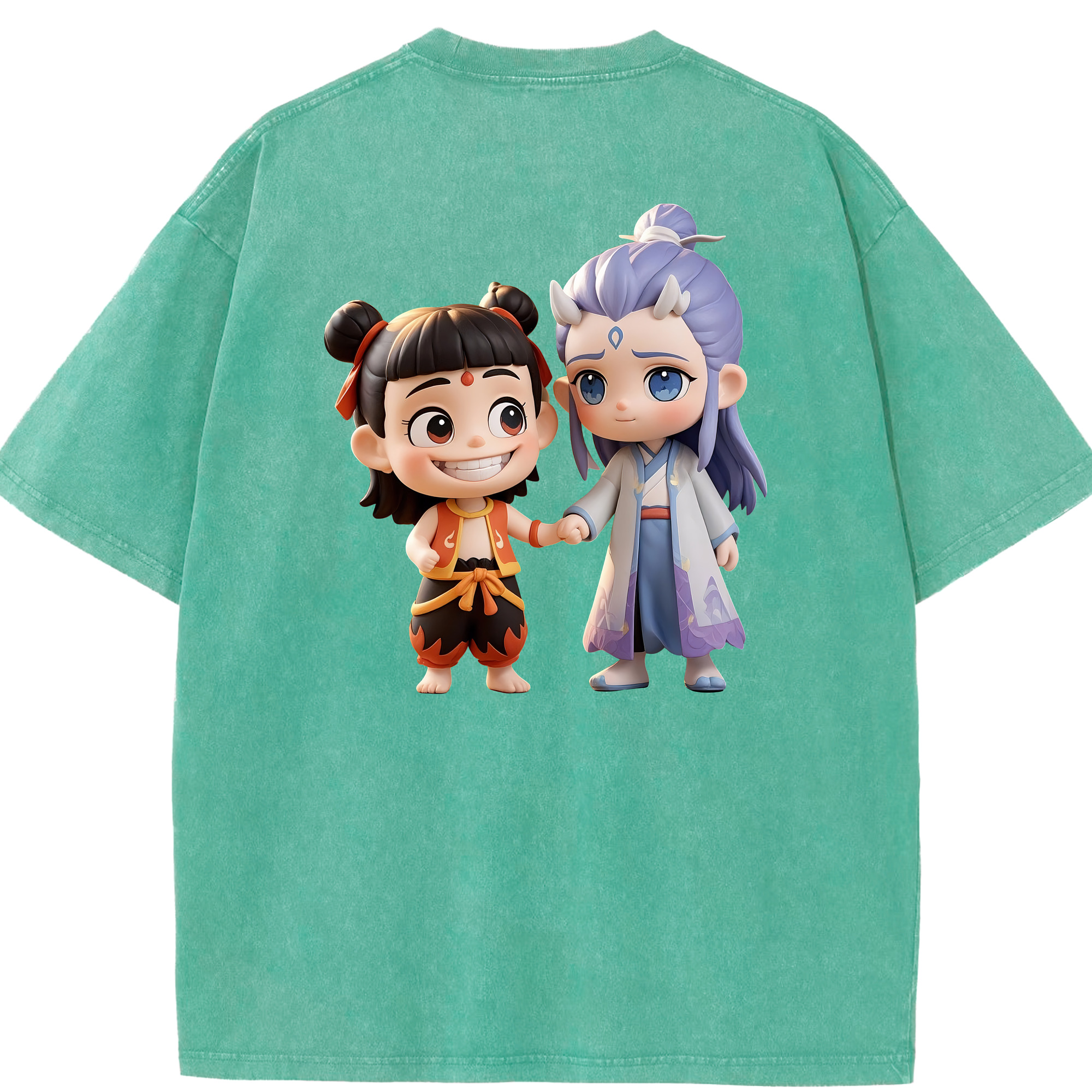 （画像用） Ne Zha 2 ナタ 魔童の大暴れ 綿100% ヴィンテージ風 半袖Tシャツ（背面プリント）